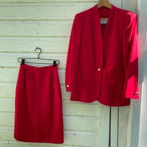 Power Suit Vintage Skirt Jacket 80s 90s Red W/Gold Buttons Size 6